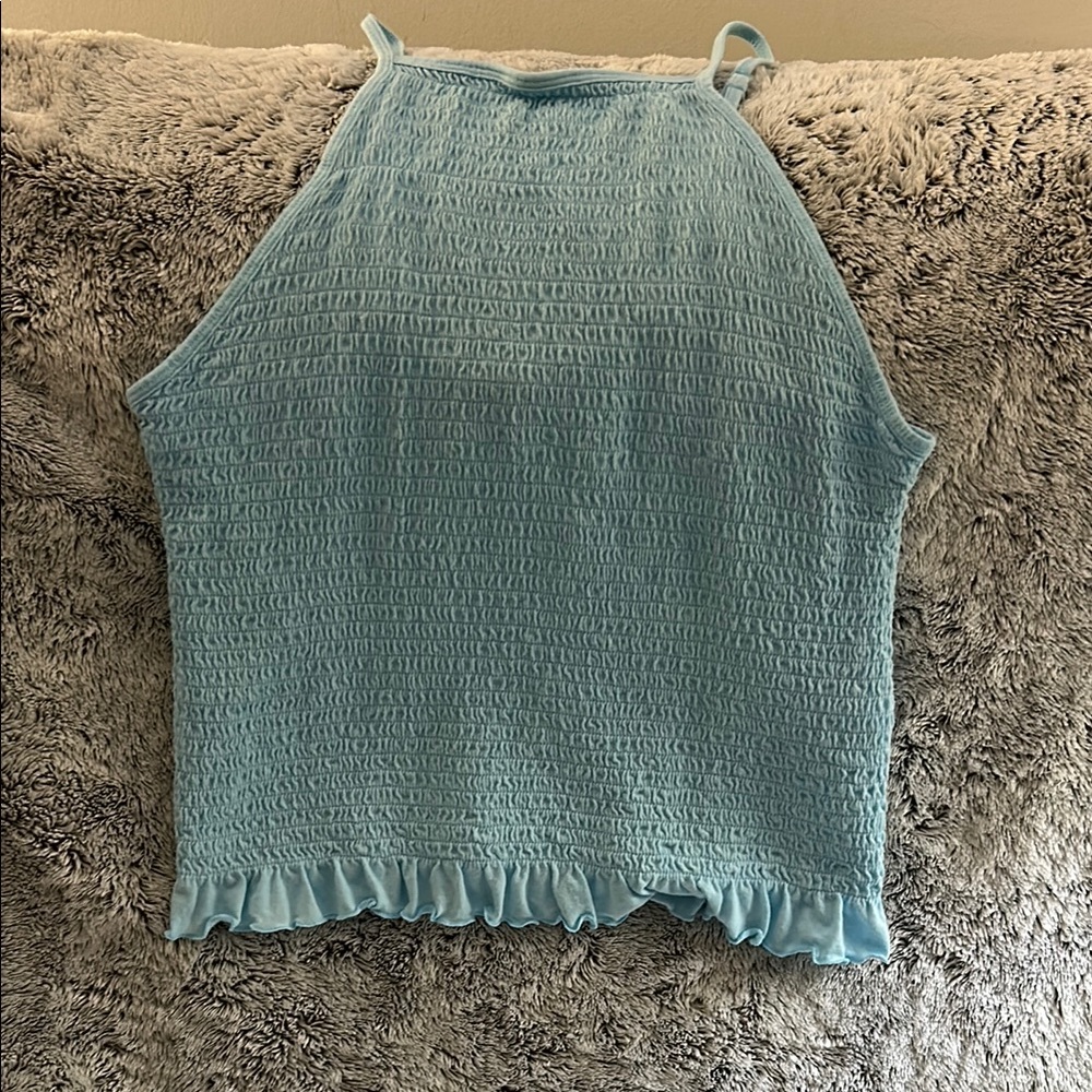 SO Green Smocked Ruffled Crop Tank Top
